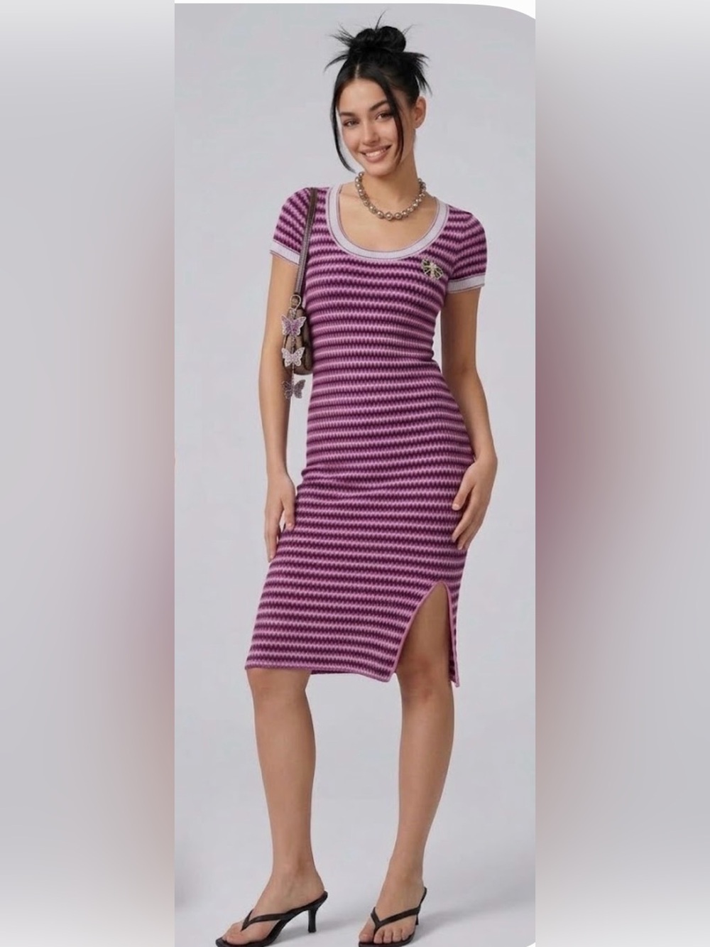 MS Studio Knitted Fitted Midi Dress Short Sleeve Side Slit 90’s Y2K Girlhood XS